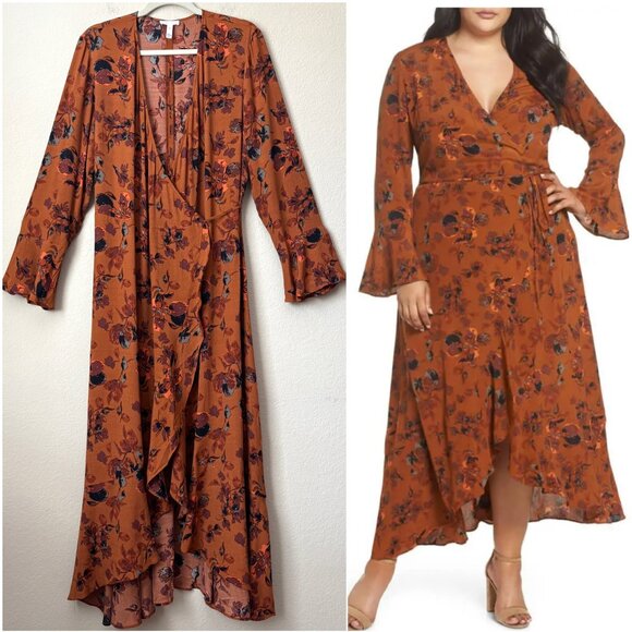 Nordstrom Leith XL Floral Print Bell Sleeve Midi Wrap Dress - Picture 1 of 13